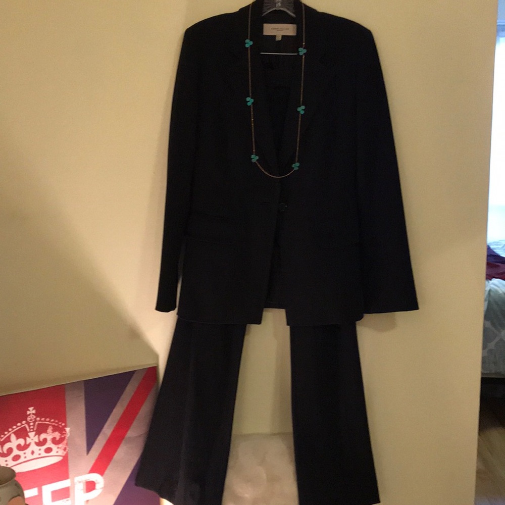White pin strip, wide leg, pant suit.